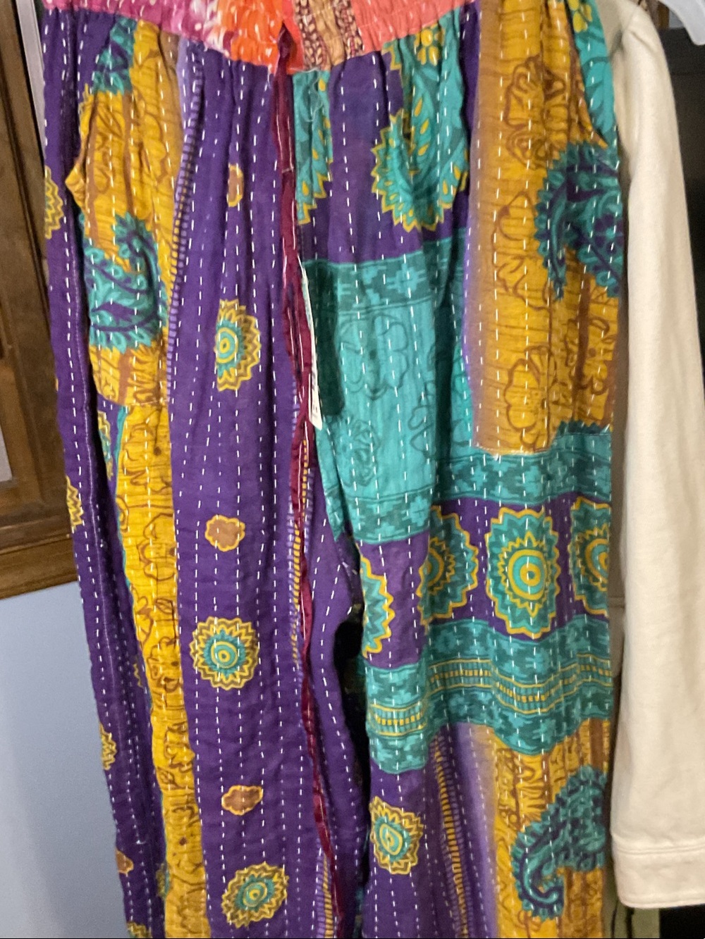 Boho Patchwork Wide-Leg Pants 2 print Purple, Teal & Gold NWT waist 14 to 28